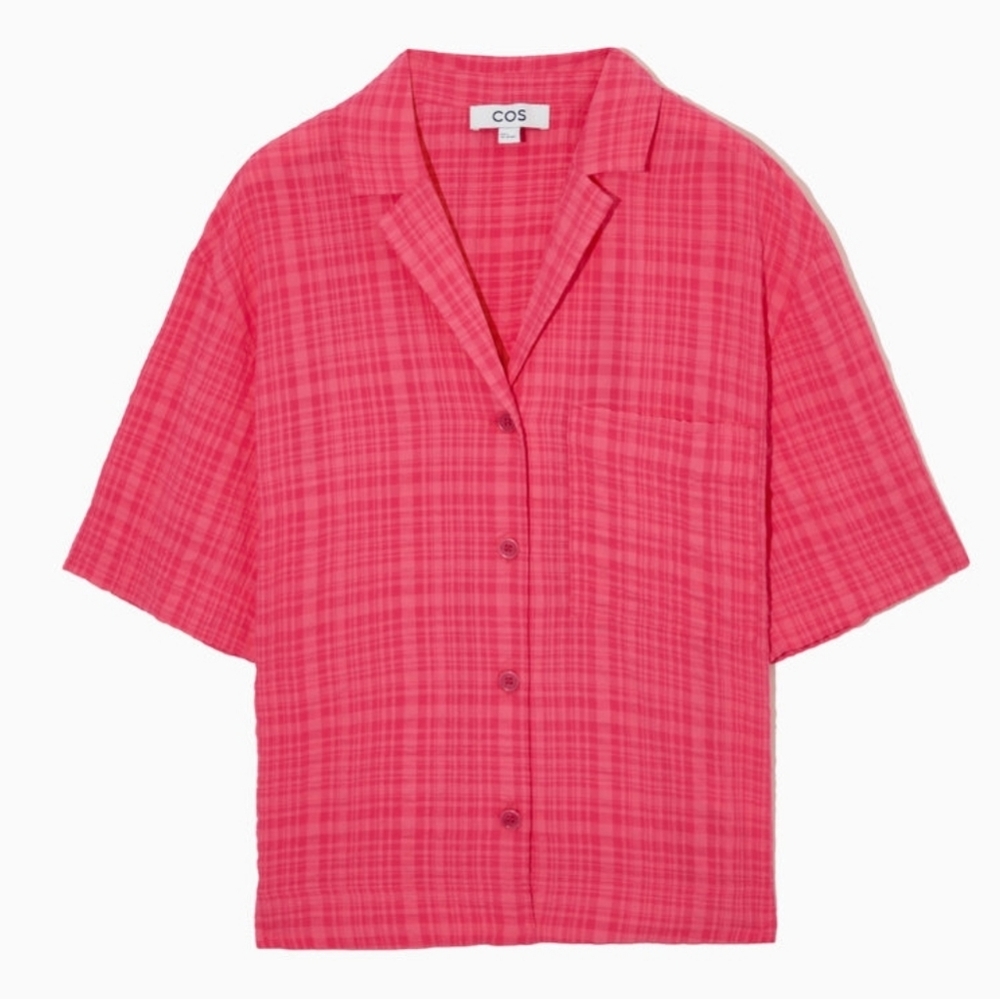 COS Men's Seersucker Camp-Collar Pink Checked Short Sleeve Button Up Medium